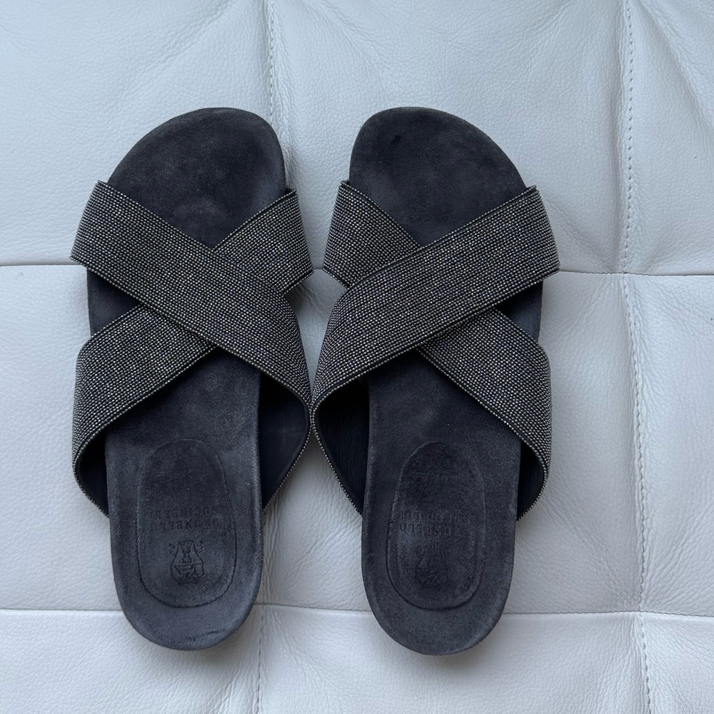 🎁Authentic Brunello Cucinelli Monili gray summer shoes sandals flip flops 7 7.5